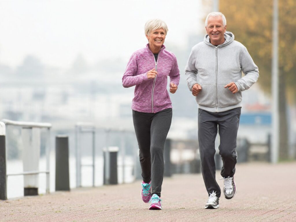 senior couple running outside