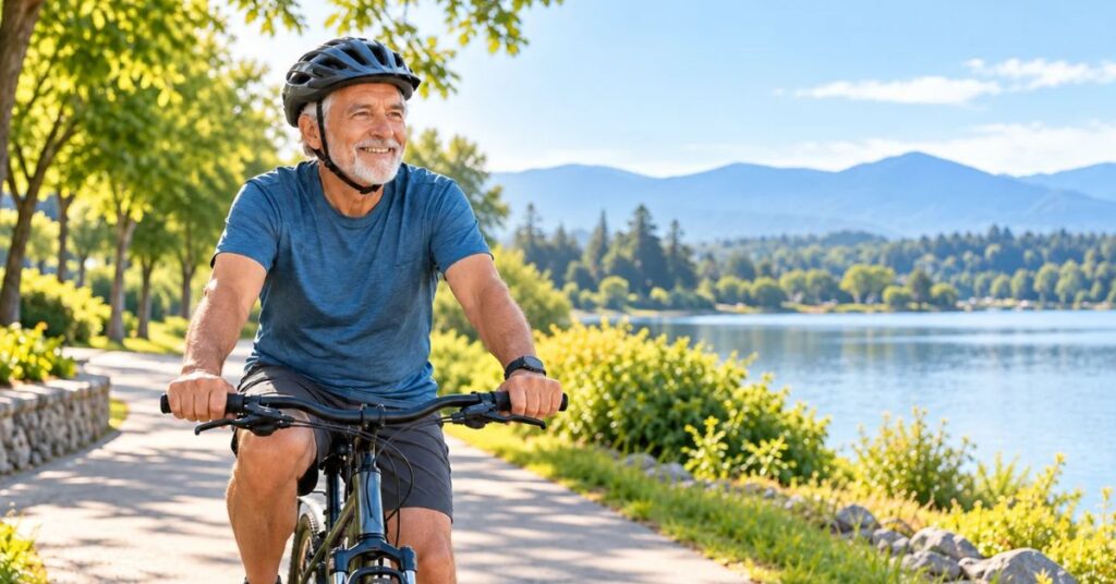 healthy senior man riding a bicycle next to a lake