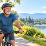 healthy senior man riding a bicycle next to a lake
